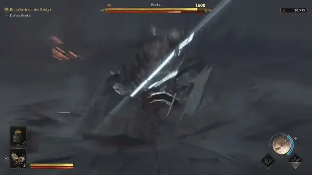 Benkei winding up his wide naginata sweep